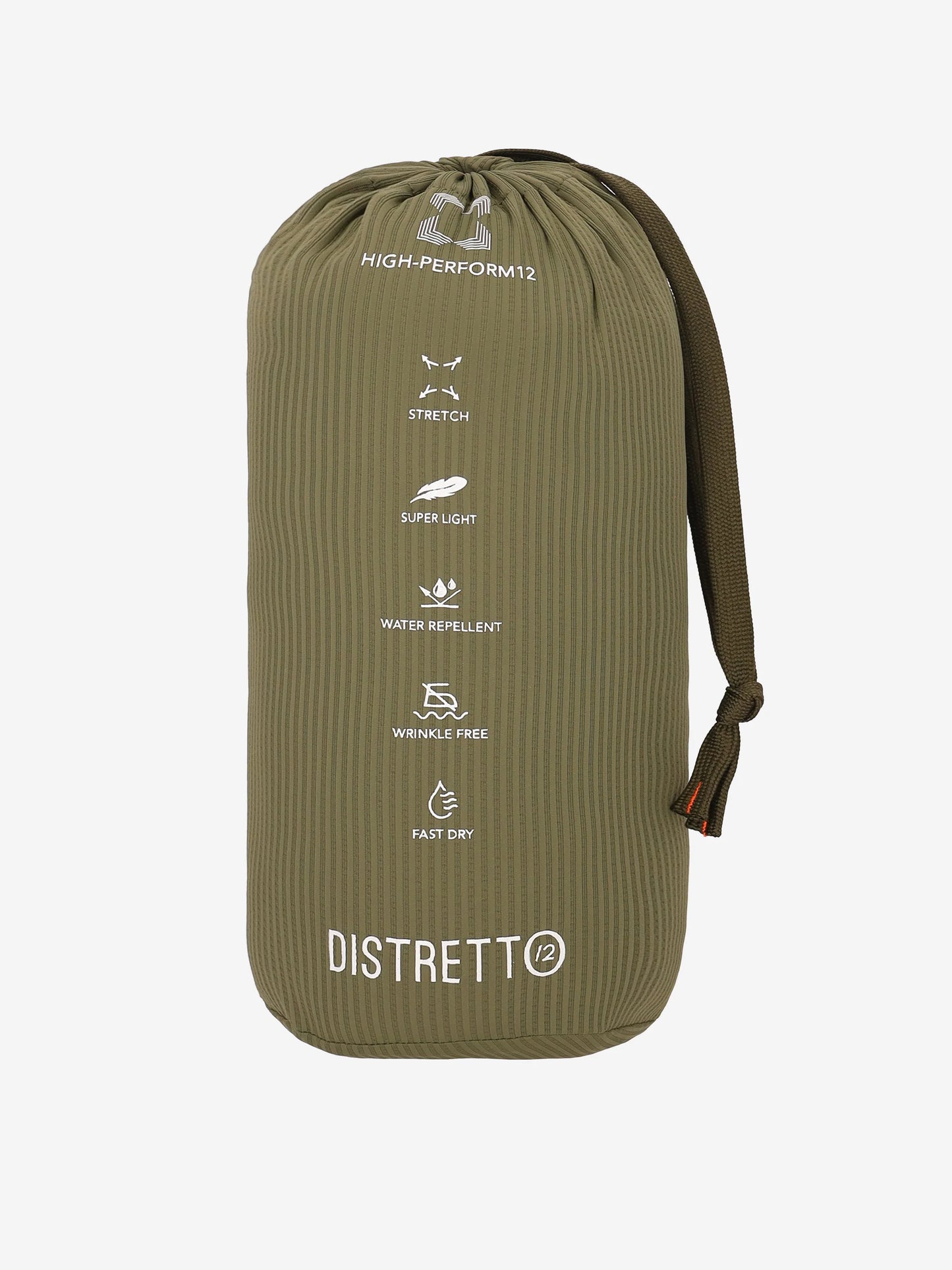 An image of Distretto 12 high performance Jacket Leccio folded into it's travel bag