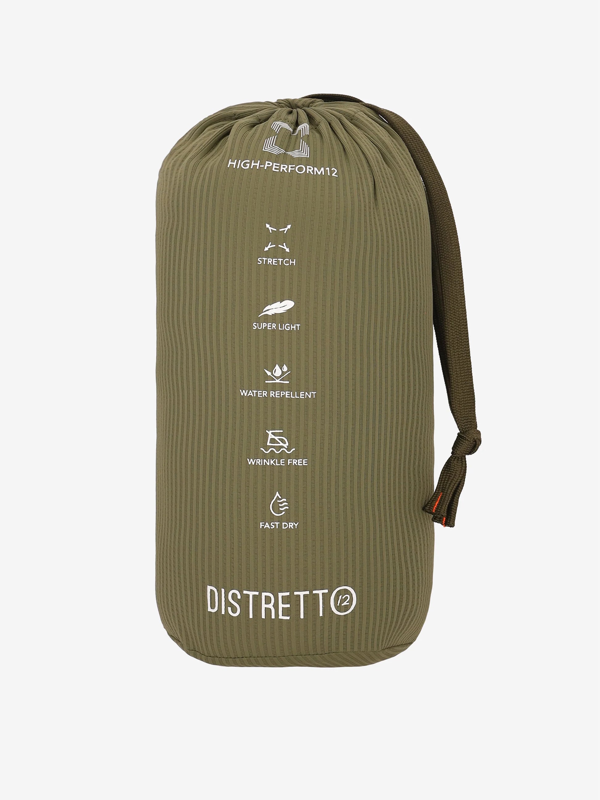 An image of Distretto 12 high performance Jacket Leccio folded into it's travel bag