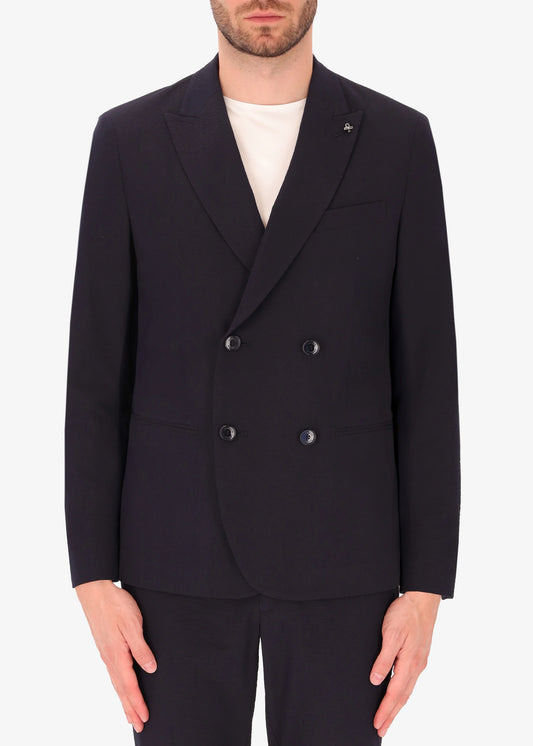 A front facing image of a model wearing Distretto 12 Tailoring tech  Double Breasted Jacket Arezzo.