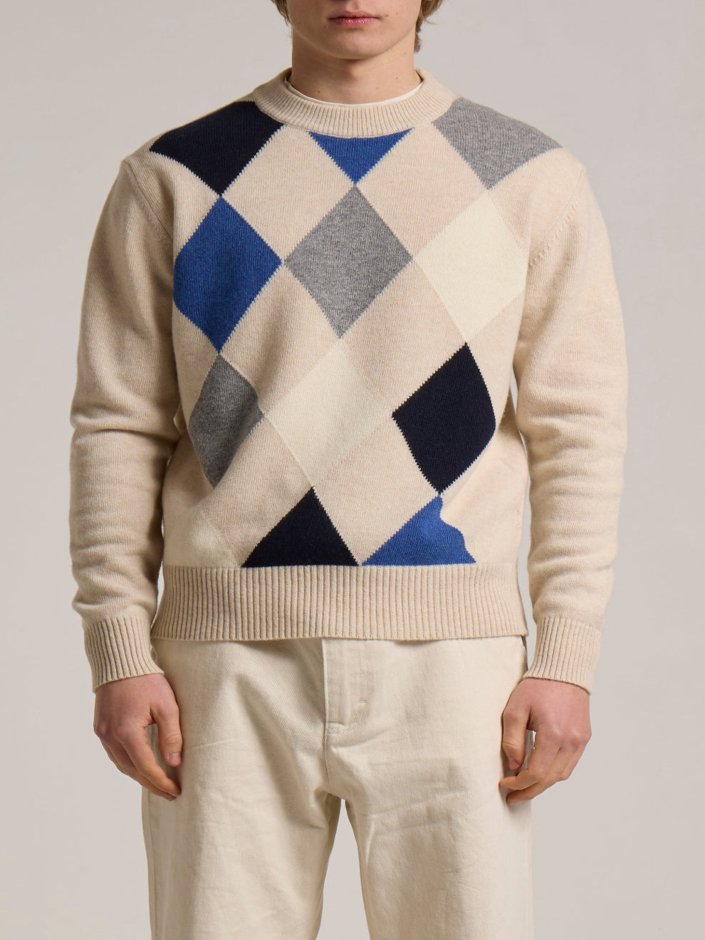 WOOL&CO - CASHMERE & EXTRAFINE VIRGIN MERINO DIAMOND CREW NECK SWEATER