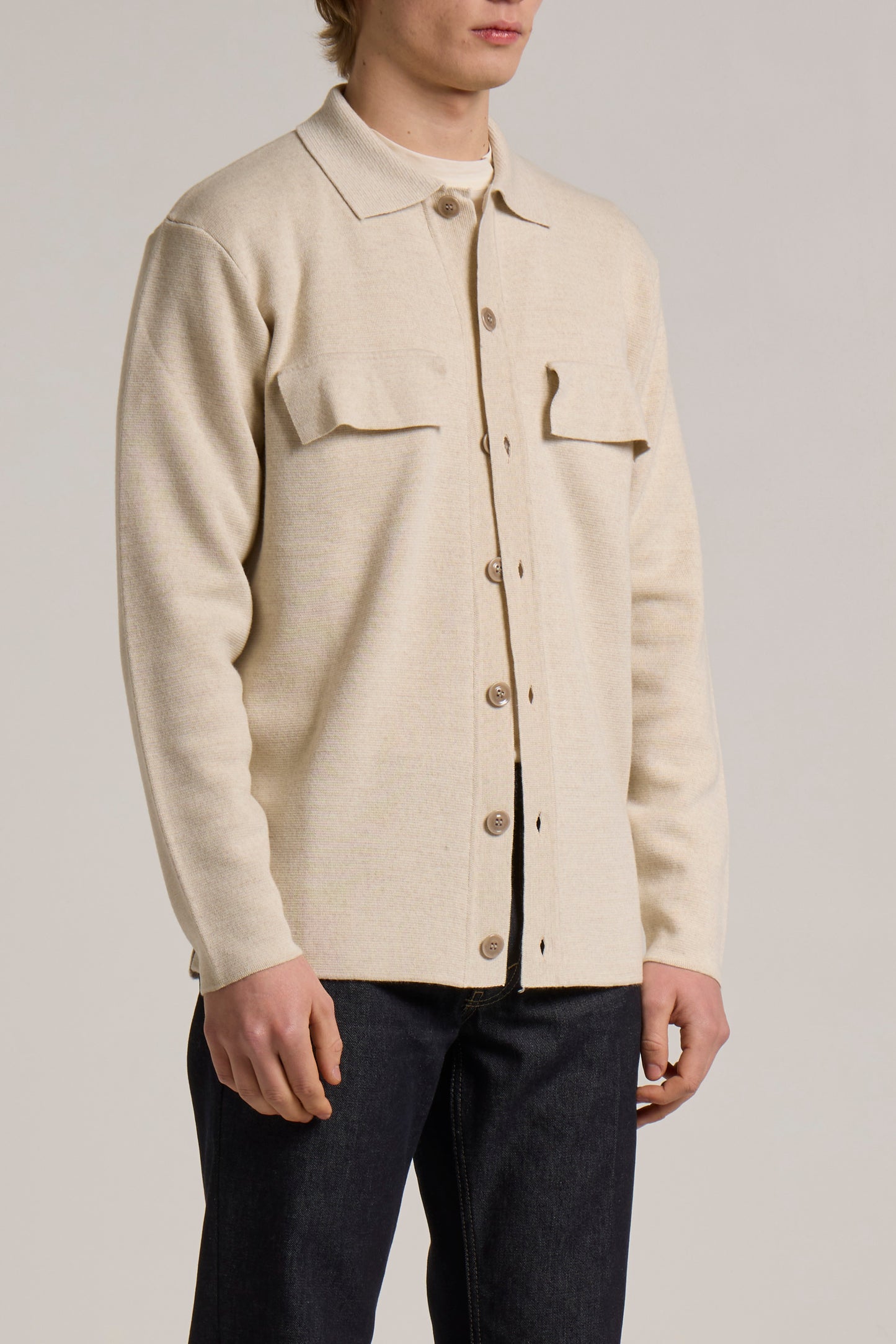 WOOL&CO – MERINOS WOOL POLO NECK SHIRT WITH TONE ON TONE BUTTONS