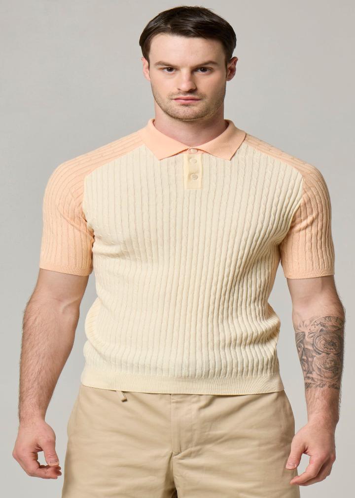 WOOL&CO - COLOUR BLOCK CABLE STITCHED POLO NECK SWEATER