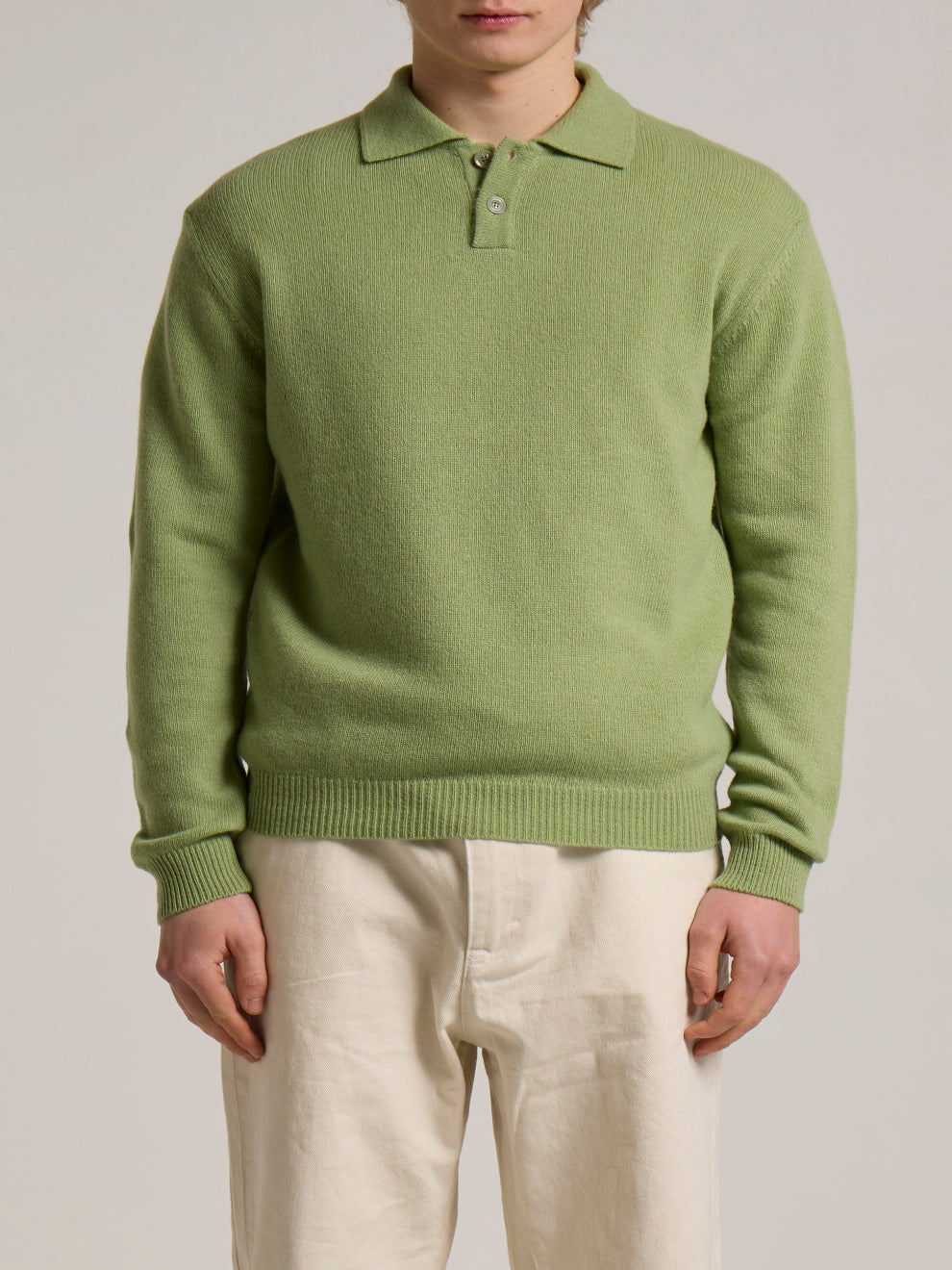 WOOL&CO – WOOL SINGLE JERSEY 2 TONE ON TONE BUTTONS POLO NECK SWEATER