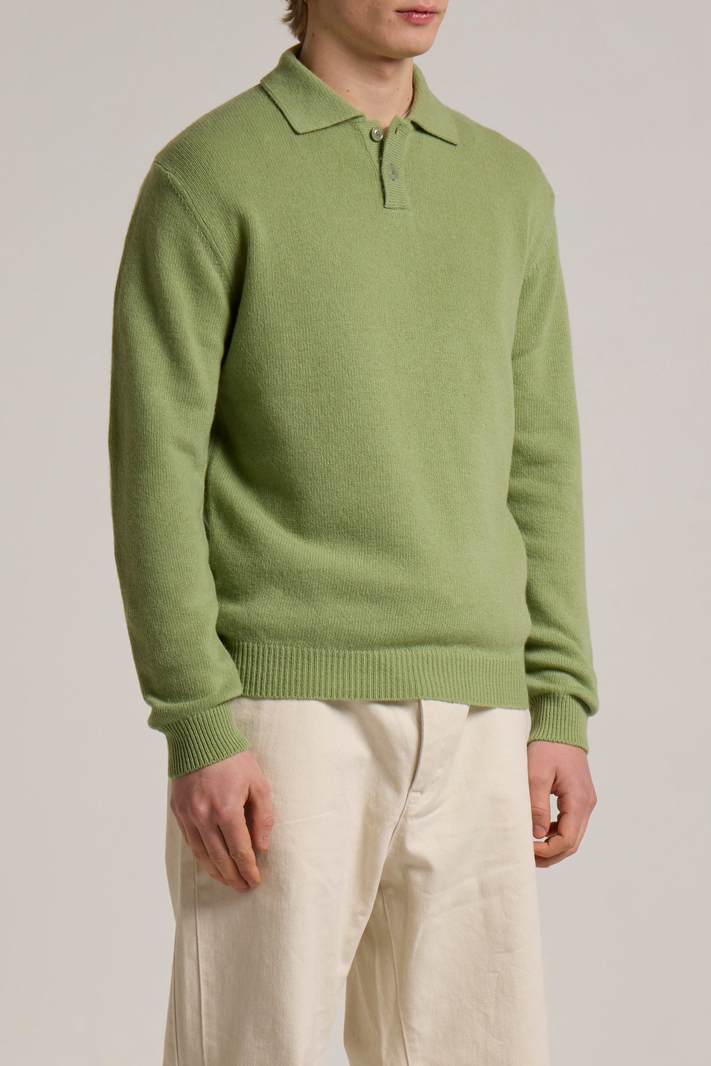 WOOL&CO – WOOL SINGLE JERSEY 2 TONE ON TONE BUTTONS POLO NECK SWEATER