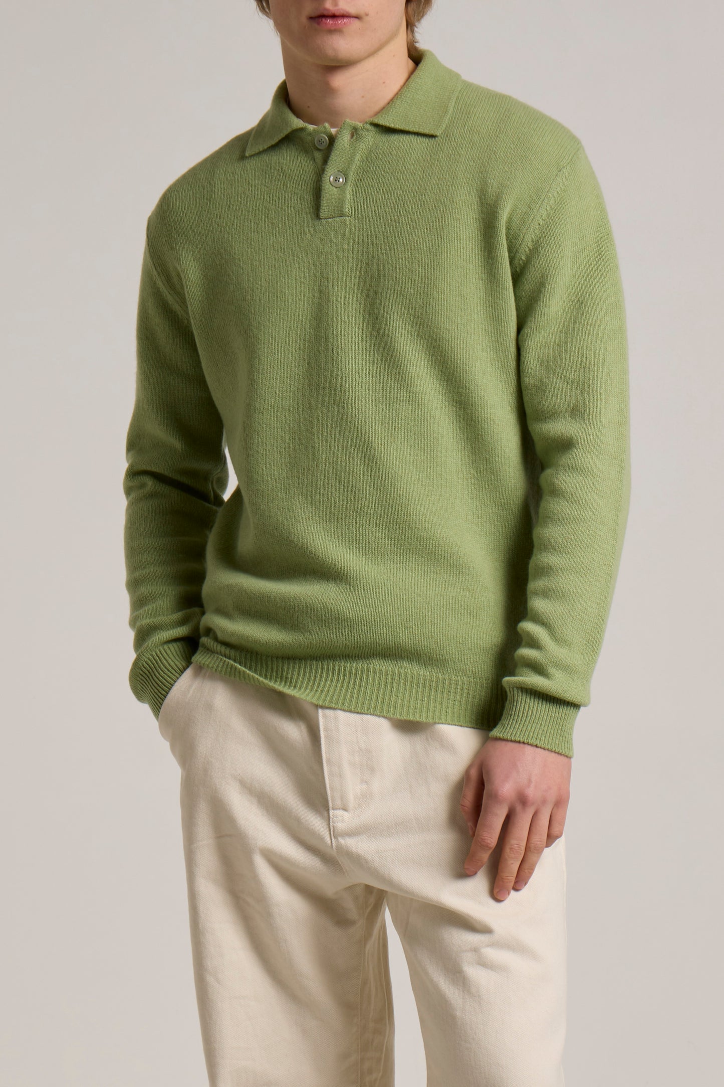 WOOL&CO – WOOL SINGLE JERSEY 2 TONE ON TONE BUTTONS POLO NECK SWEATER