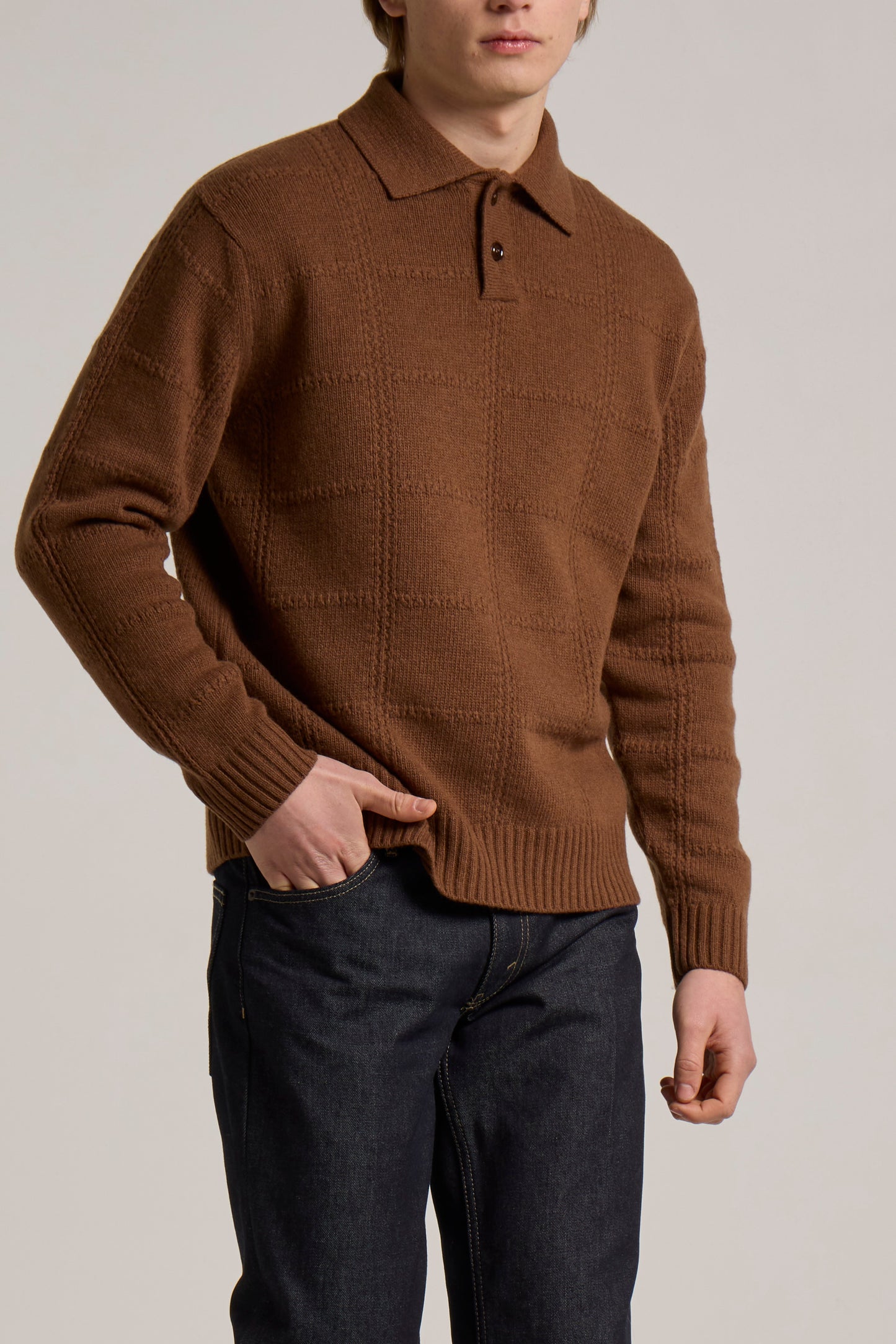 WOOL&CO – WOOL CHECKERED KNITTED POLO NECK SWEATER
