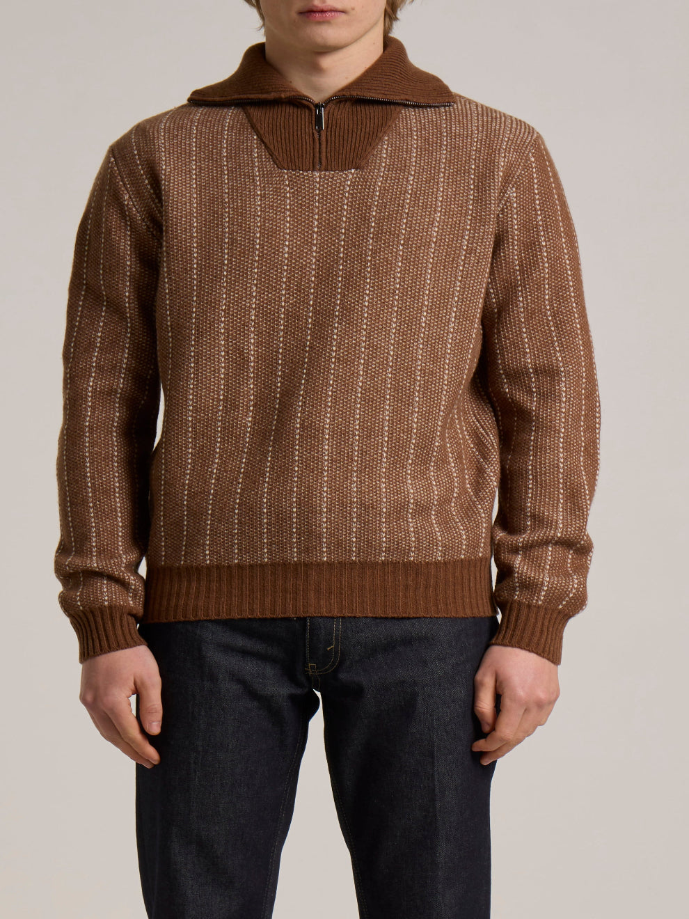 WOOL&CO – WOOL VERTICAL JACQUARD ZIPPED HALF NECK SWEATER