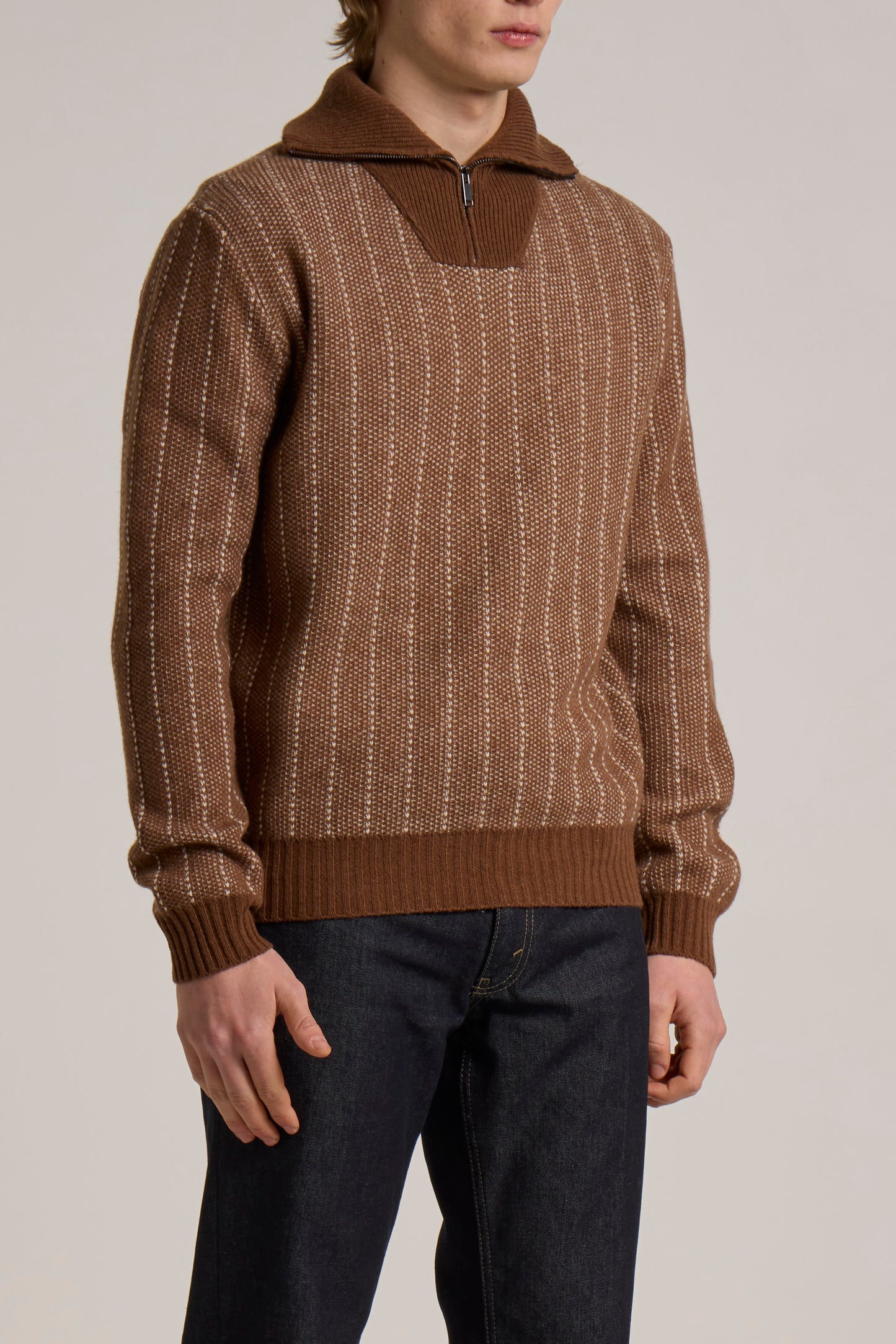 WOOL&CO – WOOL VERTICAL JACQUARD ZIPPED HALF NECK SWEATER