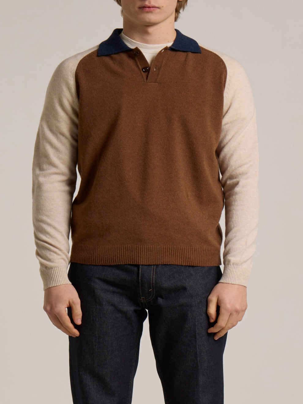 WOOL&CO – WOOL COLOUR BLOCK SINGLE JERSEY POLO NECK SWEATER