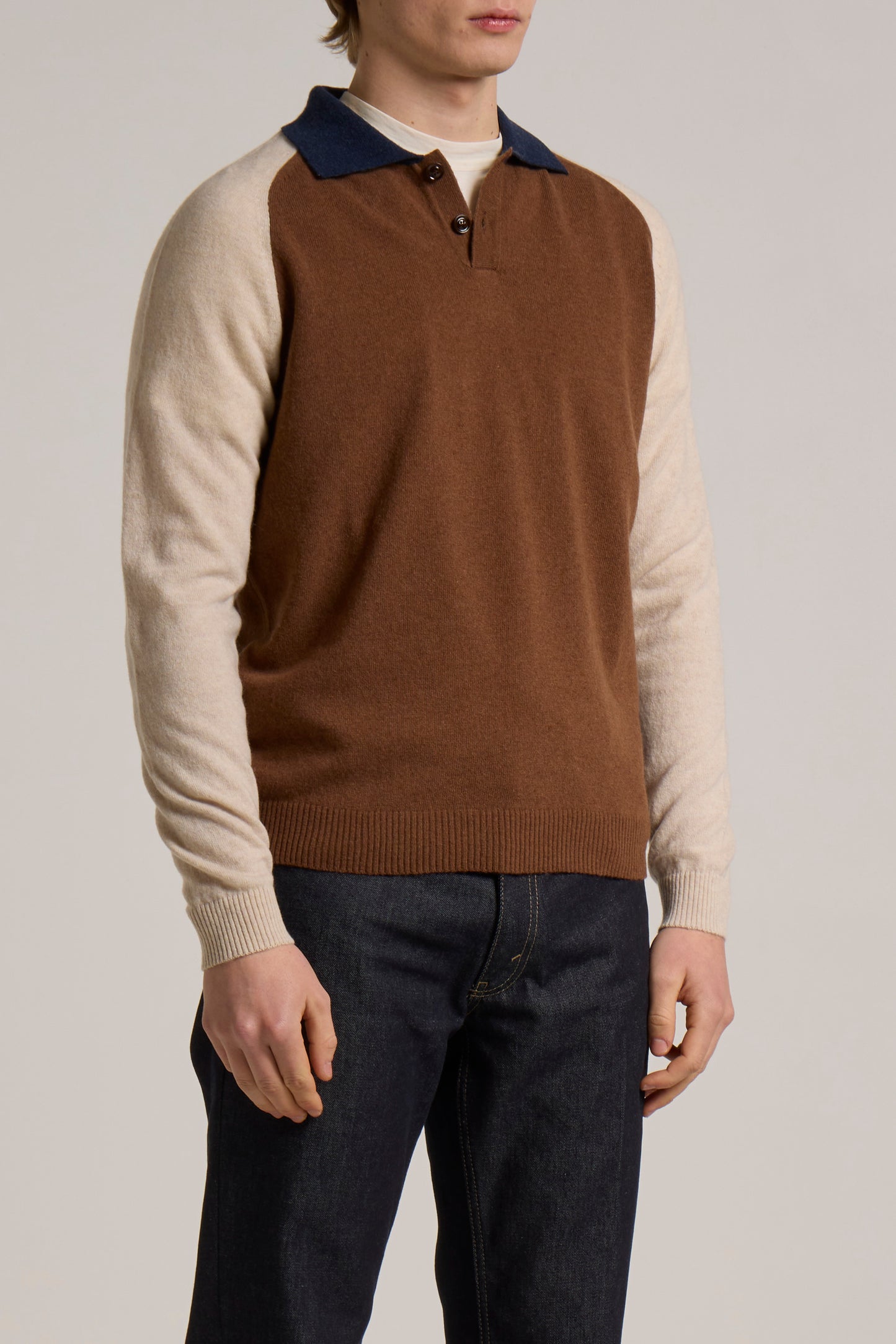 WOOL&CO – WOOL COLOUR BLOCK SINGLE JERSEY POLO NECK SWEATER