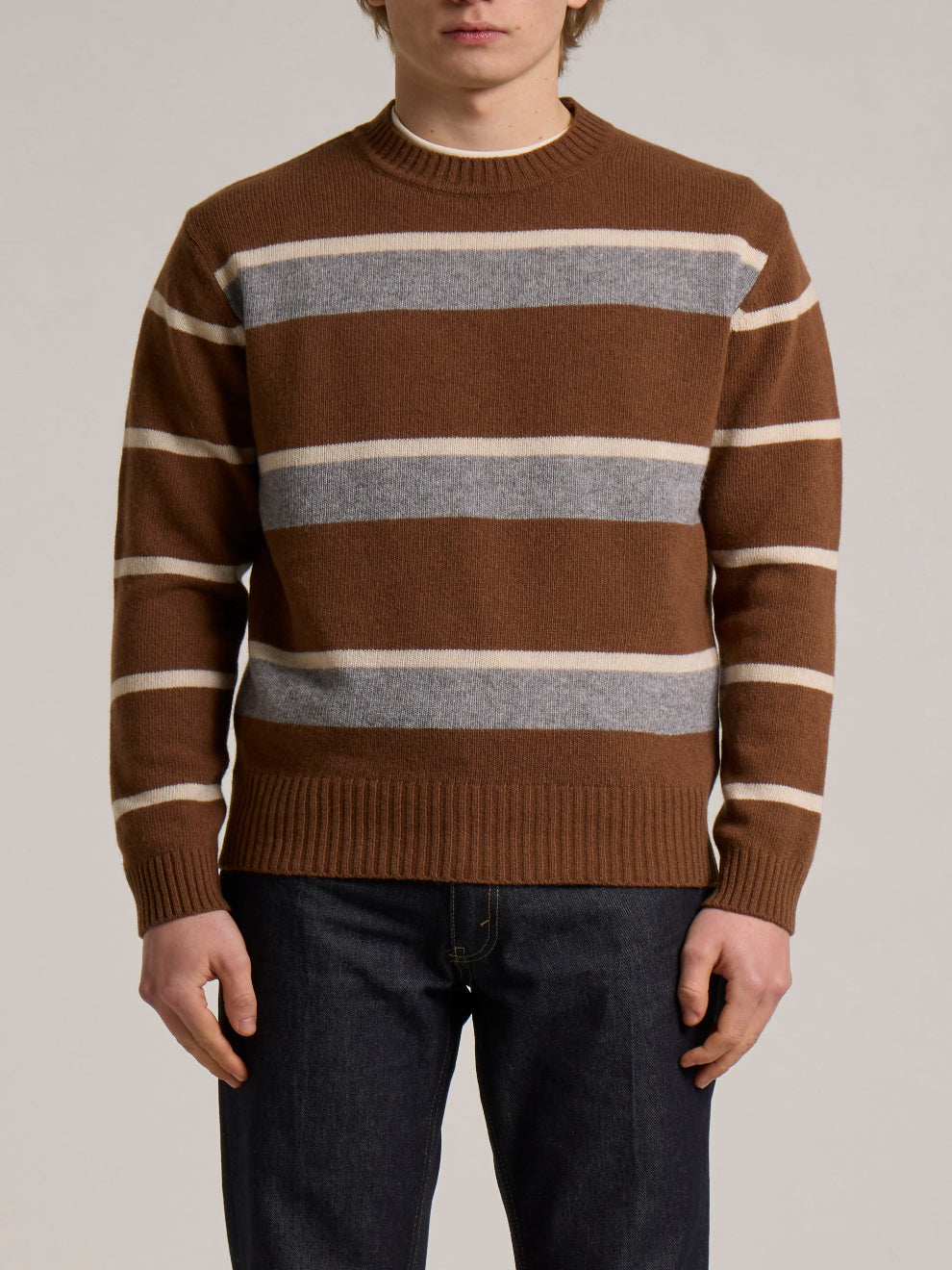 WOOL&CO – WOOL 3 COLOURED STRIPED CREW NECK SWEATER