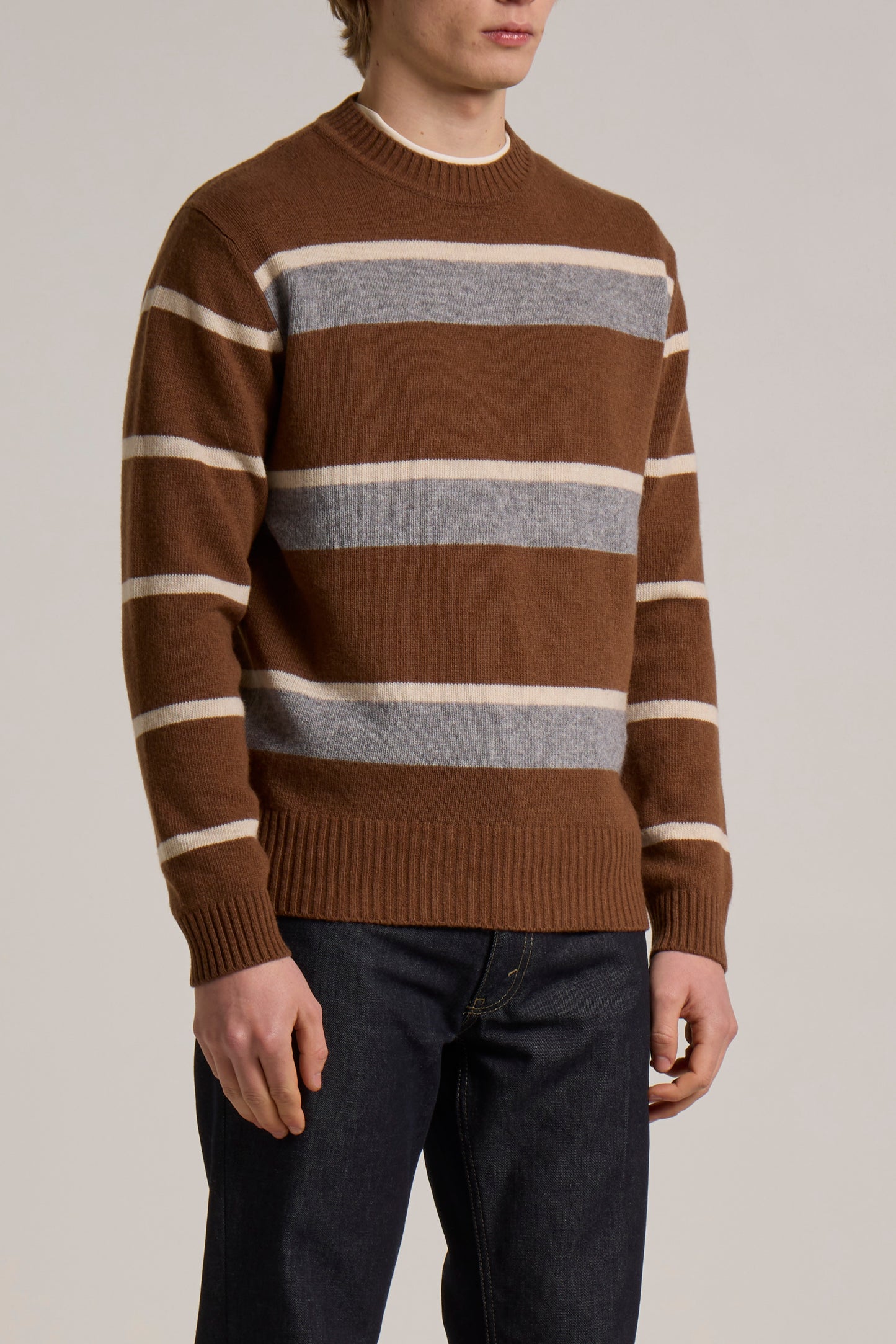 WOOL&CO – WOOL 3 COLOURED STRIPED CREW NECK SWEATER