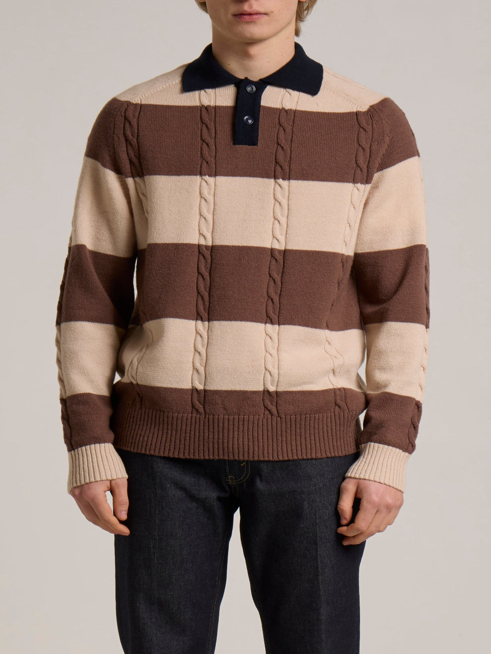 WOOL&CO –TWISTED MERINO WOOL RUGBY STRIPED POLO NECK SWEATER