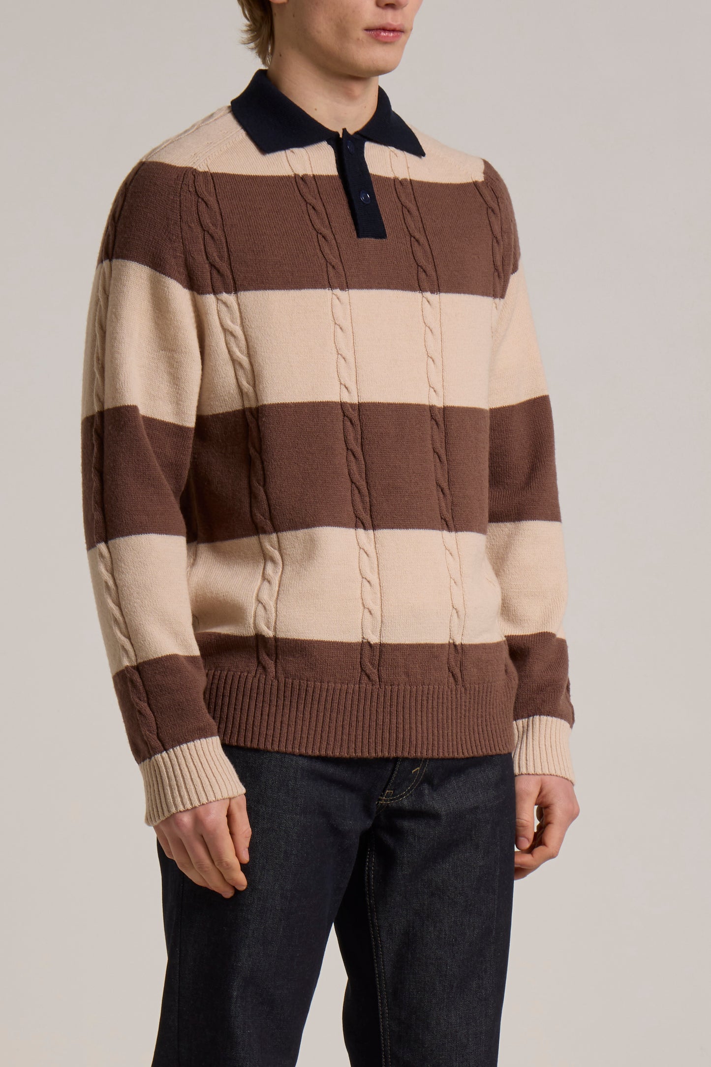 WOOL&CO –TWISTED MERINO WOOL RUGBY STRIPED POLO NECK SWEATER