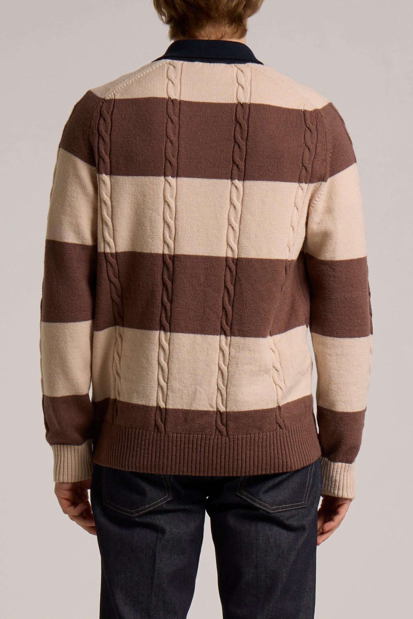 WOOL&CO –TWISTED MERINO WOOL RUGBY STRIPED POLO NECK SWEATER