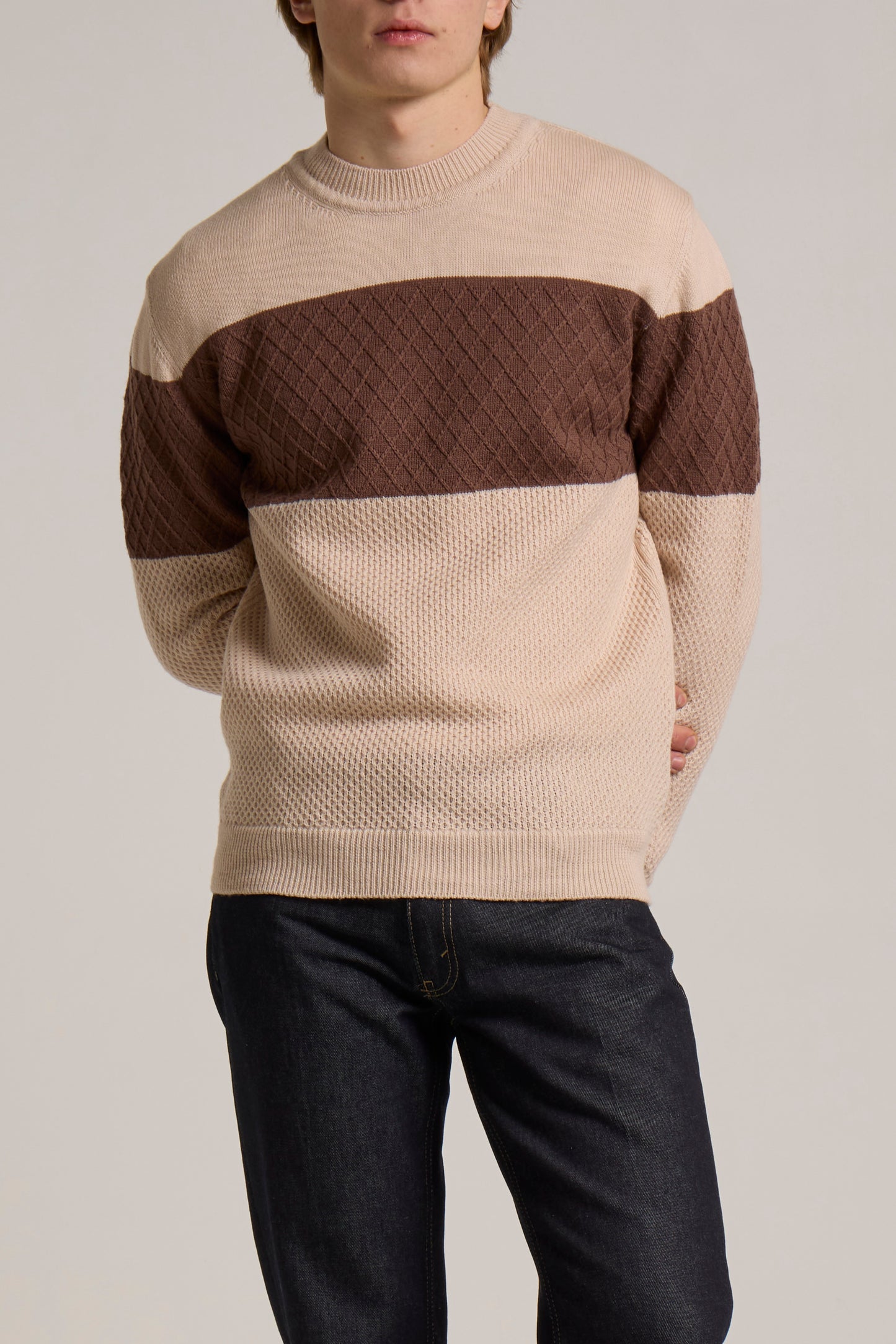 WOOL&CO – MERINO WOOL ARAN MIX KNITTED MOCK NECK SWEATER