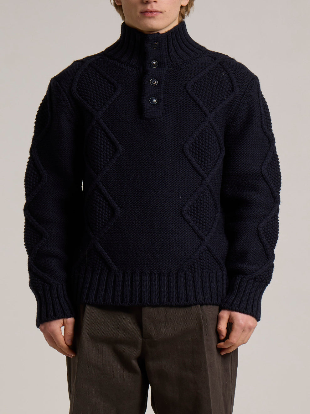 WOOL&CO – MERINO WOOL 4 TONE ON TONE BUTTONED HALF NECK SWEATER