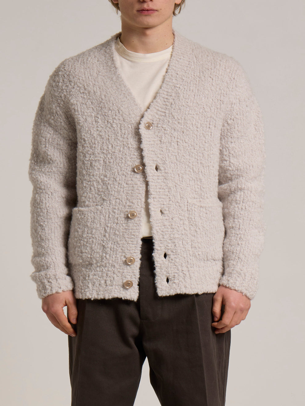 WOOL& CO - MERINO BOUCLÉ V NECK CARDIGAN WITH POCKETS