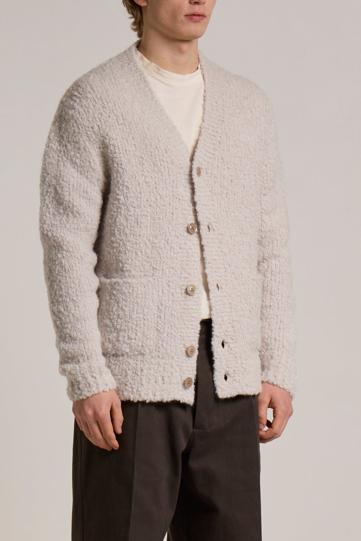 WOOL& CO - MERINO BOUCLÉ V NECK CARDIGAN WITH POCKETS