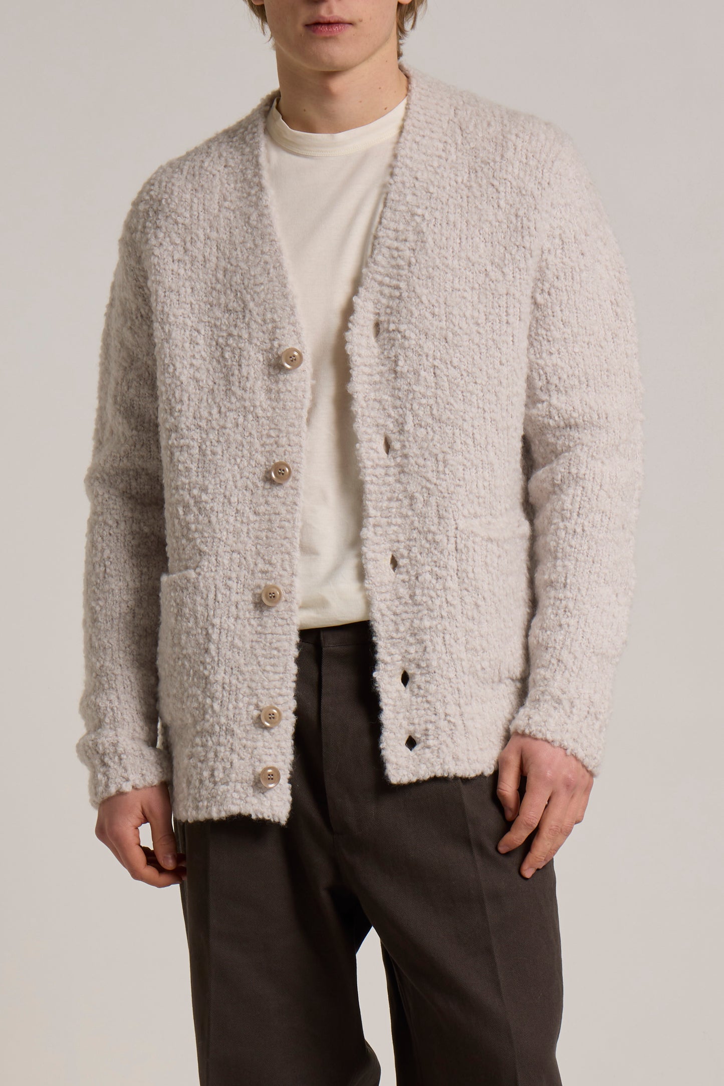 WOOL& CO - MERINO BOUCLÉ V NECK CARDIGAN WITH POCKETS