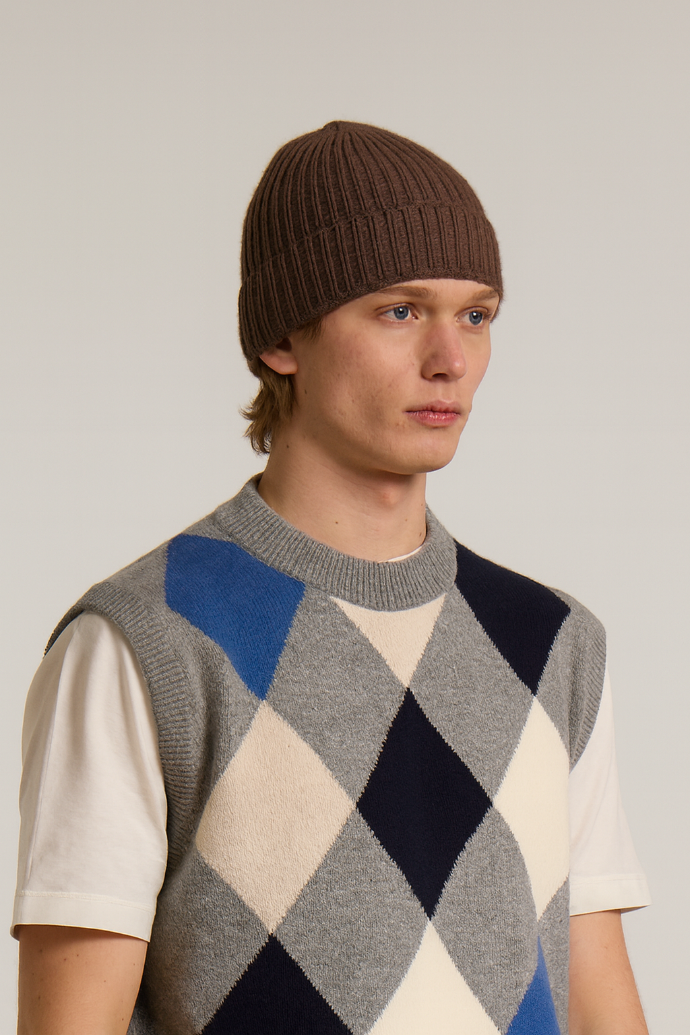 A model wearing a Wool&Co Merino wool blend beanie hat in brown.