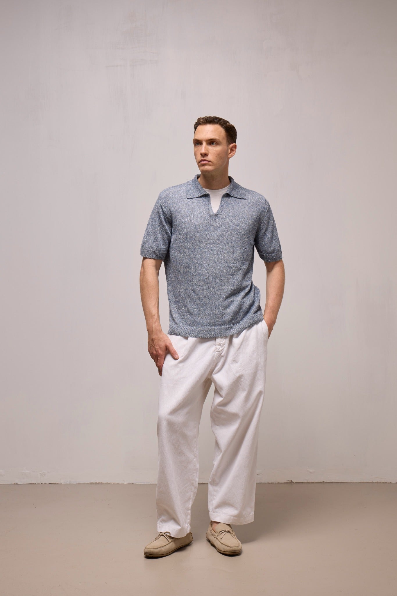 WOOL&CO – LINEN AND COTTON BUTTONLESS POLO NECK SWEATER