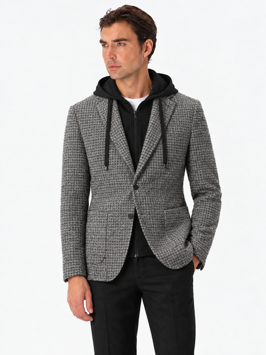 DISTRETTO 12 – CHEQUERED WOOL BLEND JACKET PONTORMO WITH DETACHABLE HOOD
