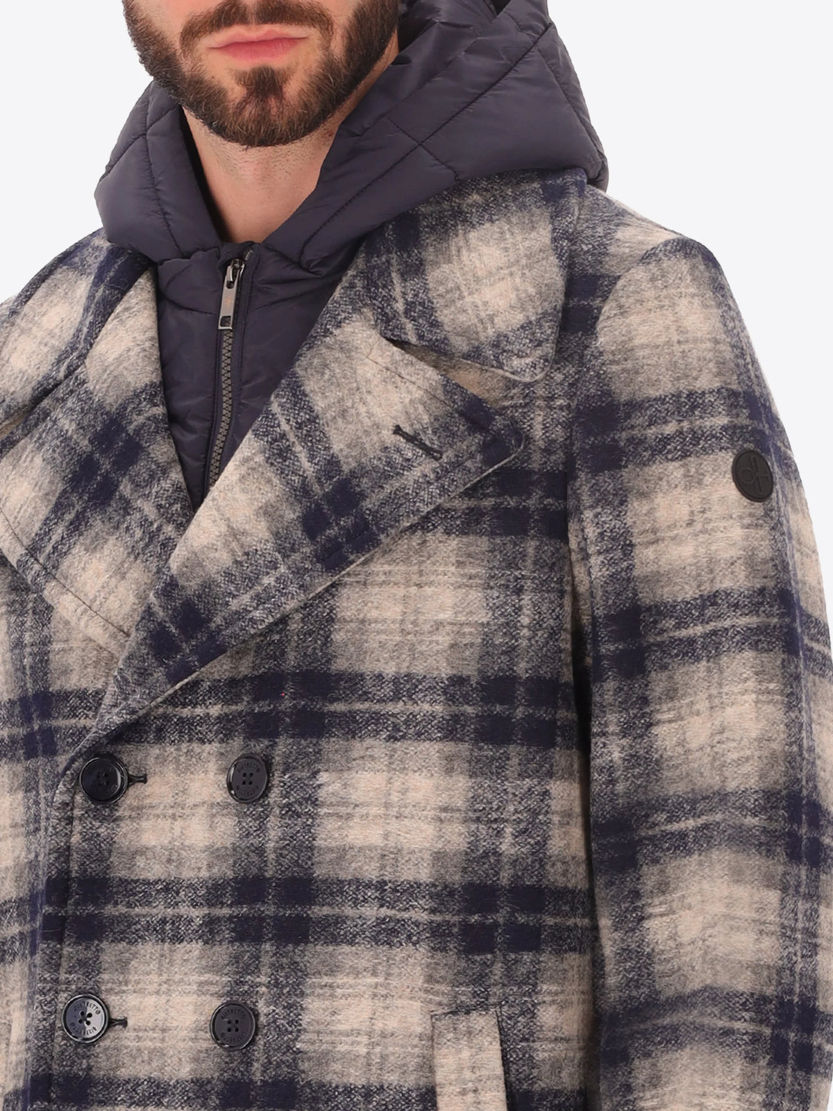 DISTRETTO 12 - BOILED WOOL PEACOAT CAMBRIDGE WITH SCOTTISH CHECK PATTERN AND DETACHABLE HOOD