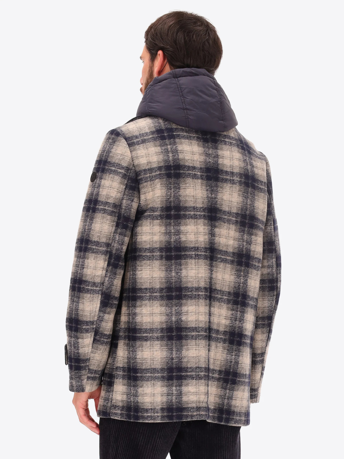 DISTRETTO 12 - BOILED WOOL PEACOAT CAMBRIDGE WITH SCOTTISH CHECK PATTERN AND DETACHABLE HOOD