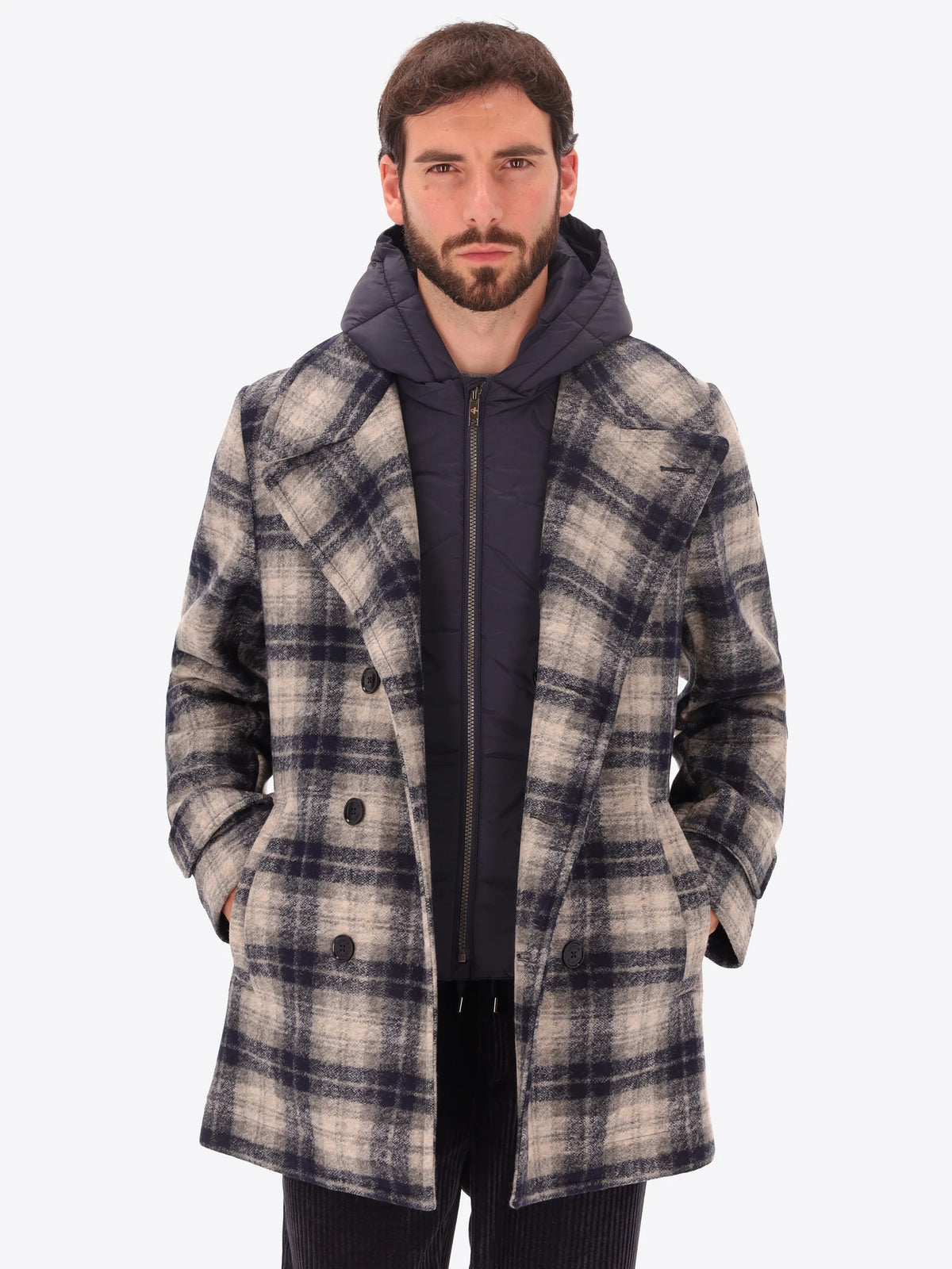 DISTRETTO 12 - BOILED WOOL PEACOAT CAMBRIDGE WITH SCOTTISH CHECK PATTERN AND DETACHABLE HOOD