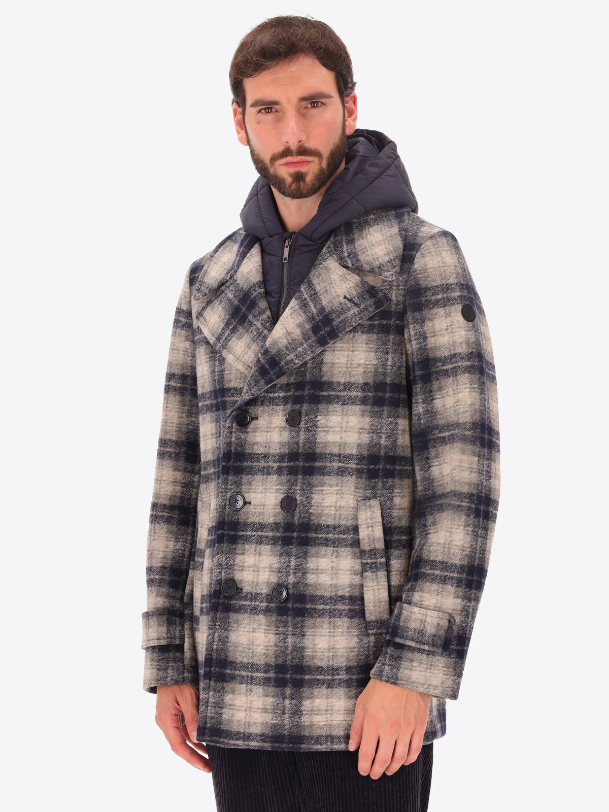DISTRETTO 12 - BOILED WOOL PEACOAT CAMBRIDGE WITH SCOTTISH CHECK PATTERN AND DETACHABLE HOOD