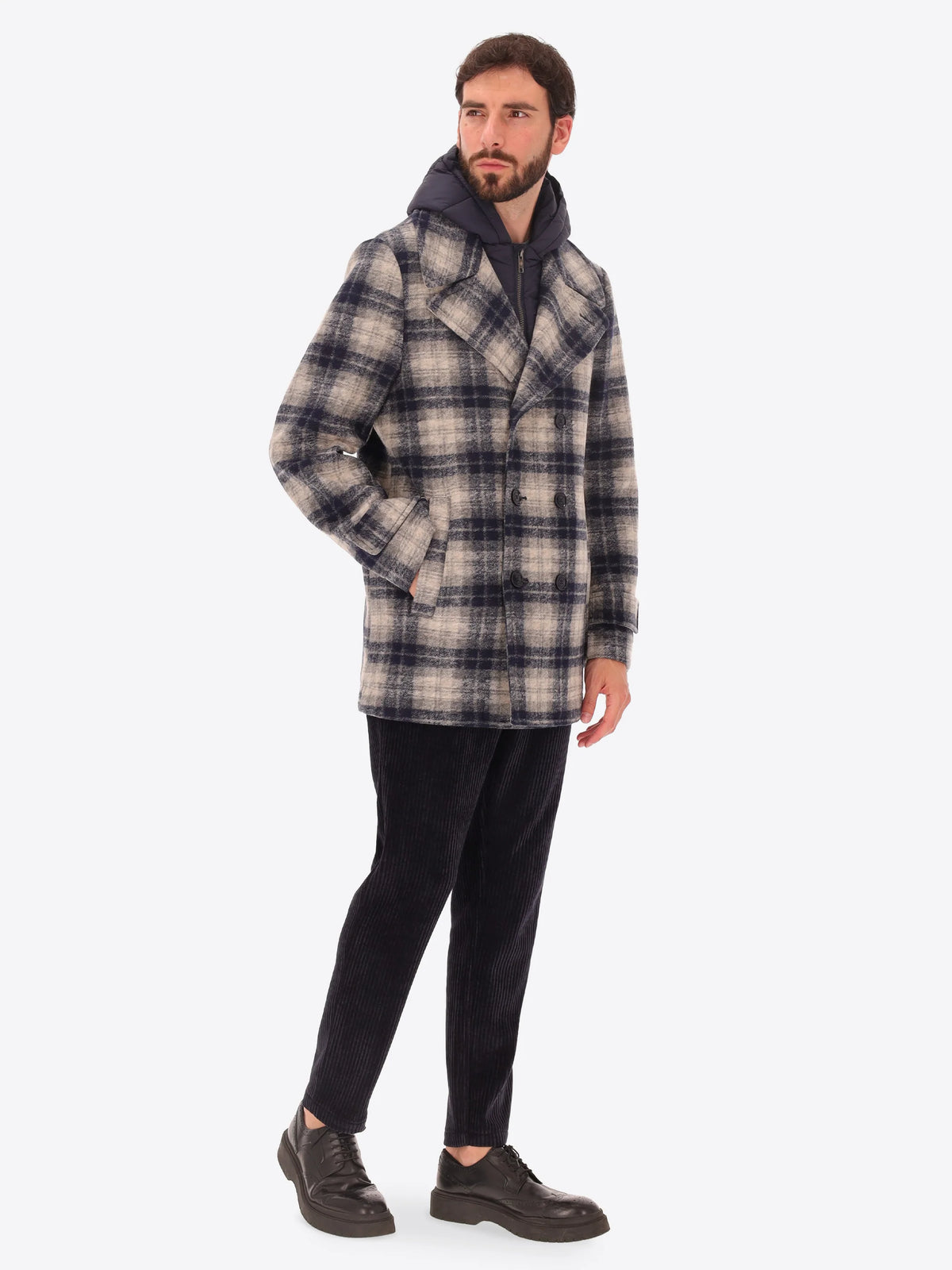 DISTRETTO 12 - BOILED WOOL PEACOAT CAMBRIDGE WITH SCOTTISH CHECK PATTERN AND DETACHABLE HOOD