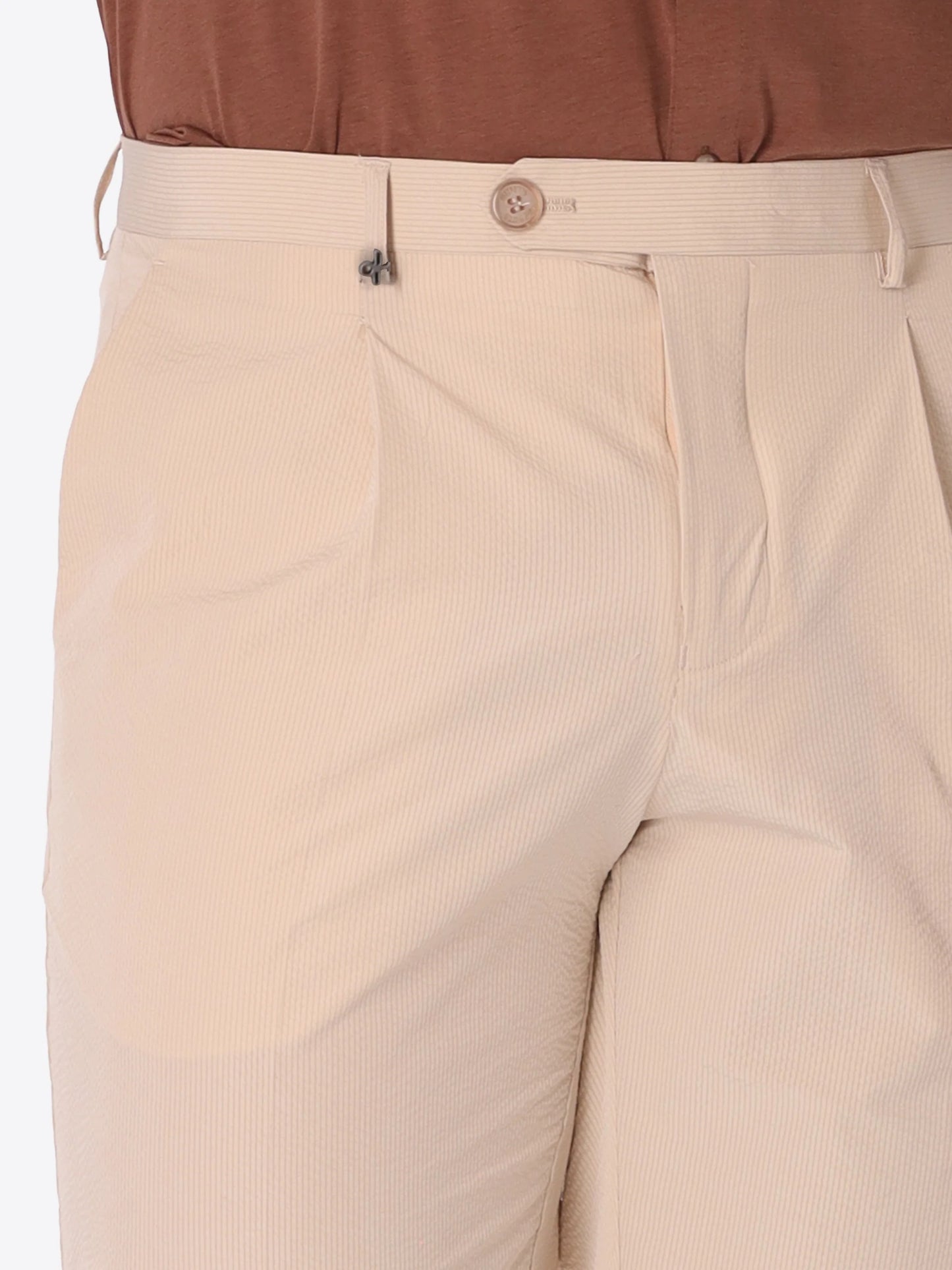 DISTRETTO 12 – CARROT-FIT PLEATED TAILORING TROUSERS AREZZO IN SUPER-COMFORT EMBOSSED FINE STRIPE FABRIC