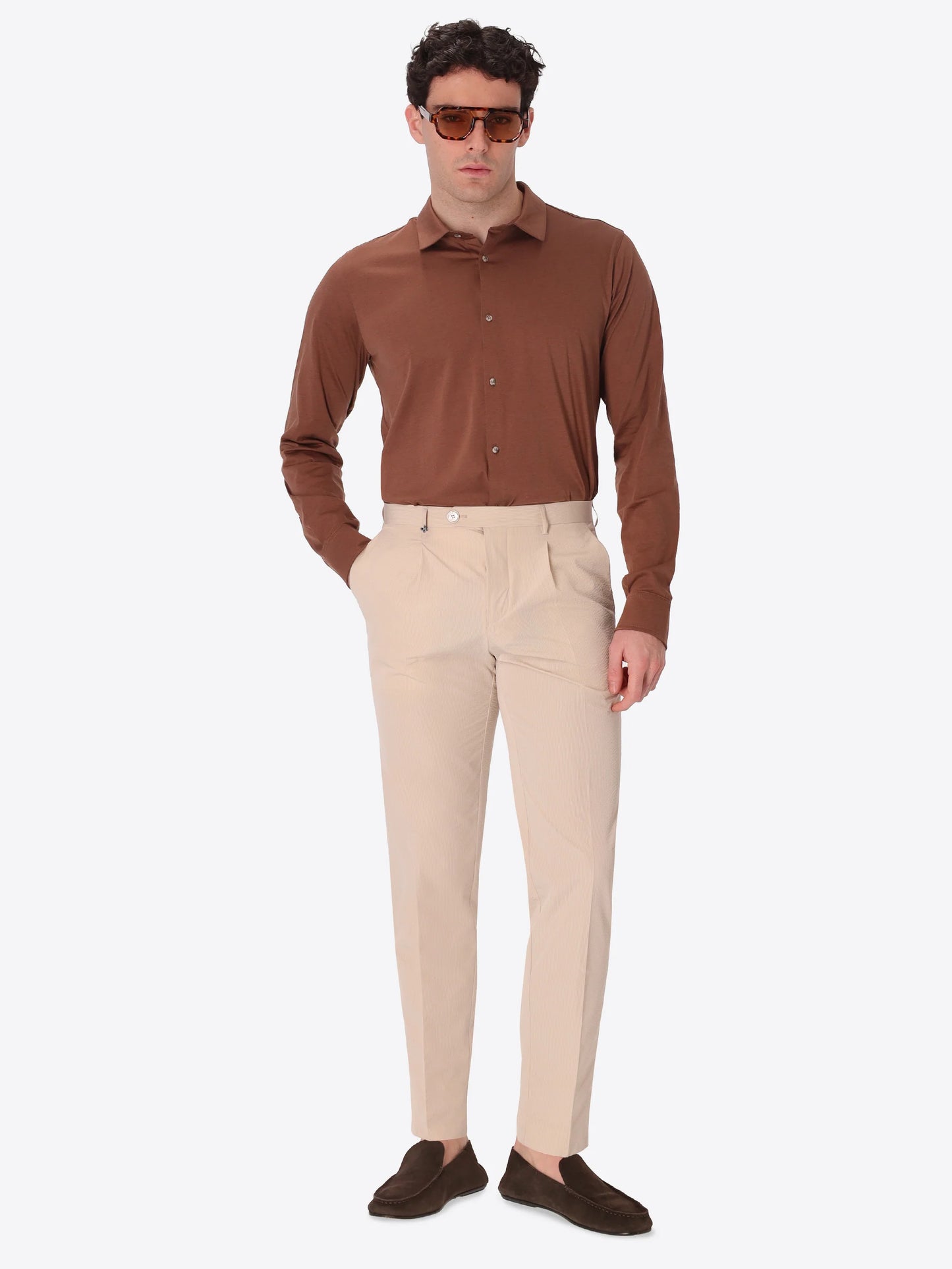 DISTRETTO 12 – CARROT-FIT PLEATED TAILORING TROUSERS AREZZO IN SUPER-COMFORT EMBOSSED FINE STRIPE FABRIC