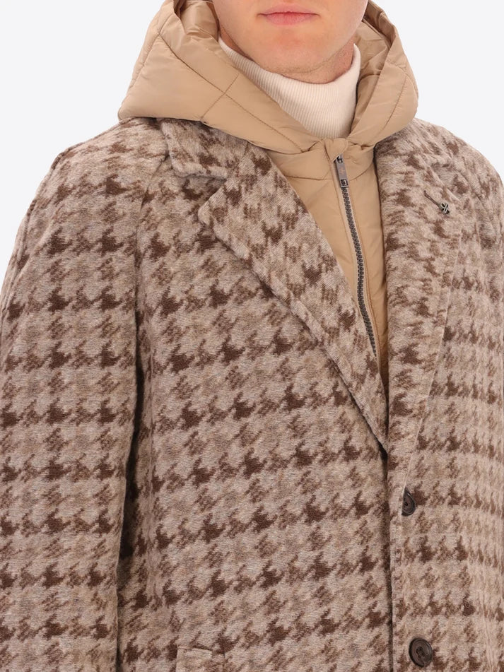 DISTRETTO 12 - WOOL RAGLAN COAT CARDIFF WITH PIED DE POULE PATTERN AND DETACHABLE HOOD