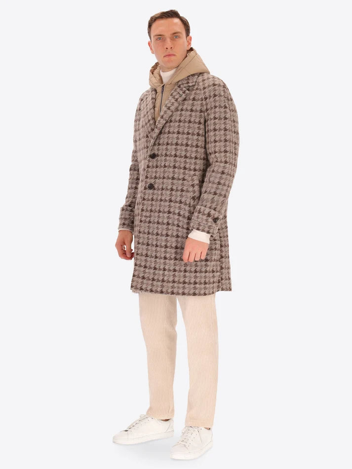 DISTRETTO 12 - WOOL RAGLAN COAT CARDIFF WITH PIED DE POULE PATTERN AND DETACHABLE HOOD