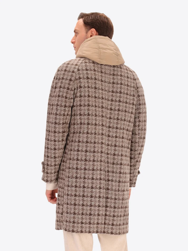 DISTRETTO 12 - WOOL RAGLAN COAT CARDIFF WITH PIED DE POULE PATTERN AND DETACHABLE HOOD