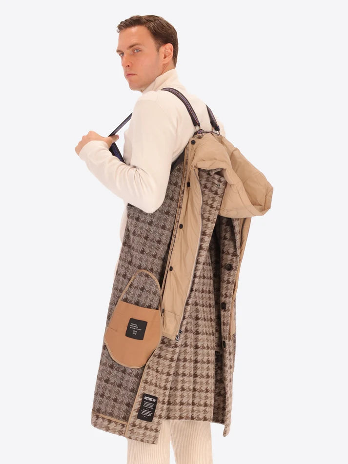 DISTRETTO 12 - WOOL RAGLAN COAT CARDIFF WITH PIED DE POULE PATTERN AND DETACHABLE HOOD