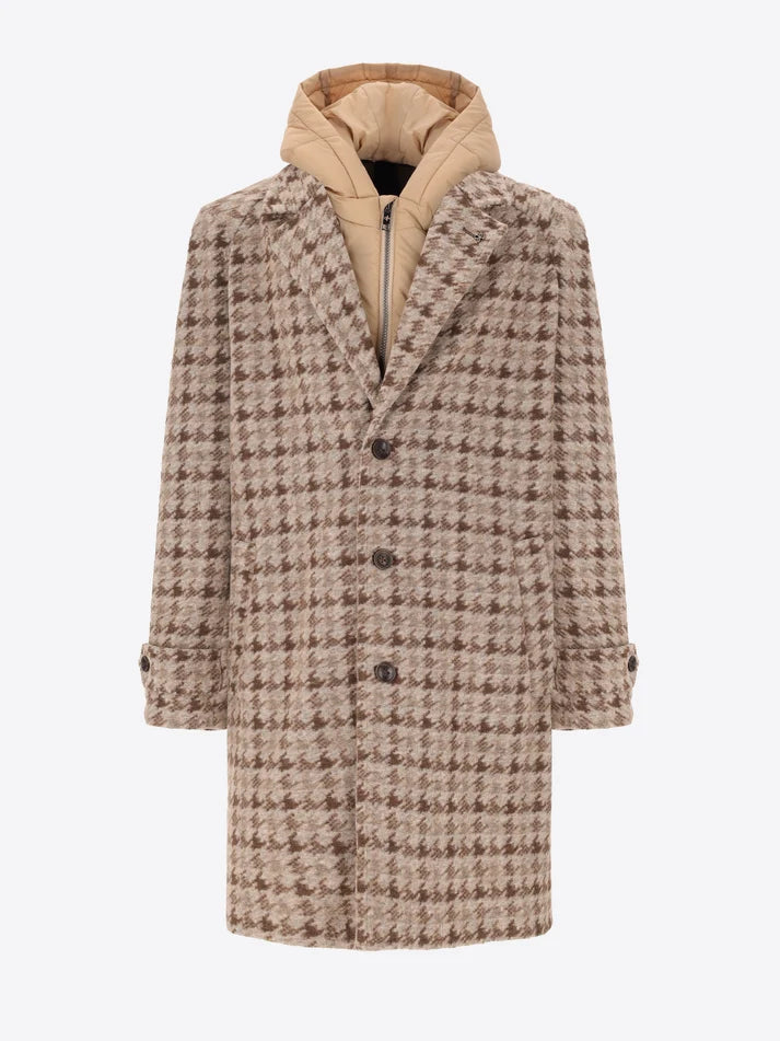 DISTRETTO 12 - WOOL RAGLAN COAT CARDIFF WITH PIED DE POULE PATTERN AND DETACHABLE HOOD