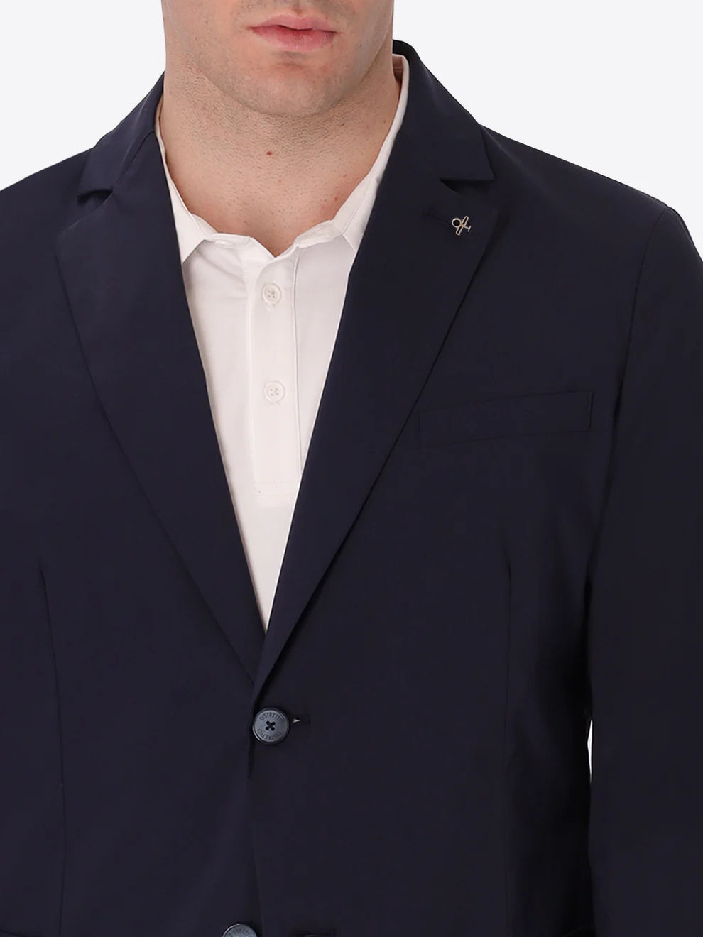 A man wearing Distretto 12 Jacket grano in navy, close up