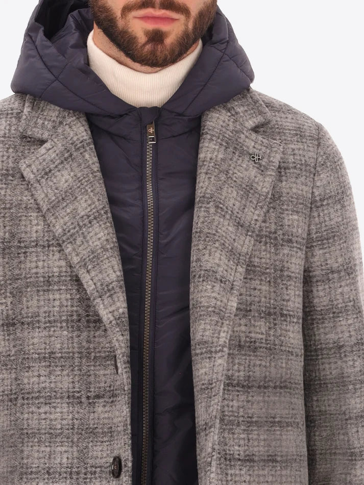 DISTRETTO 12 - BOILED WOOL COAT LEEDS WITH TARTAN PATTERN & DETACHABLE HOOD
