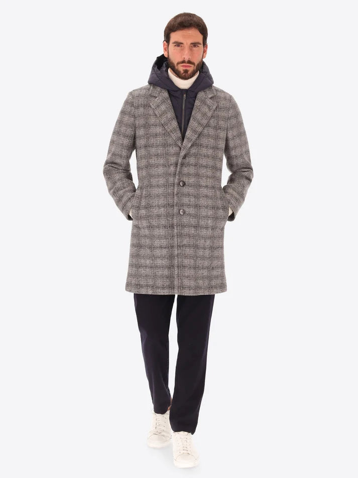DISTRETTO 12 - BOILED WOOL COAT LEEDS WITH TARTAN PATTERN & DETACHABLE HOOD