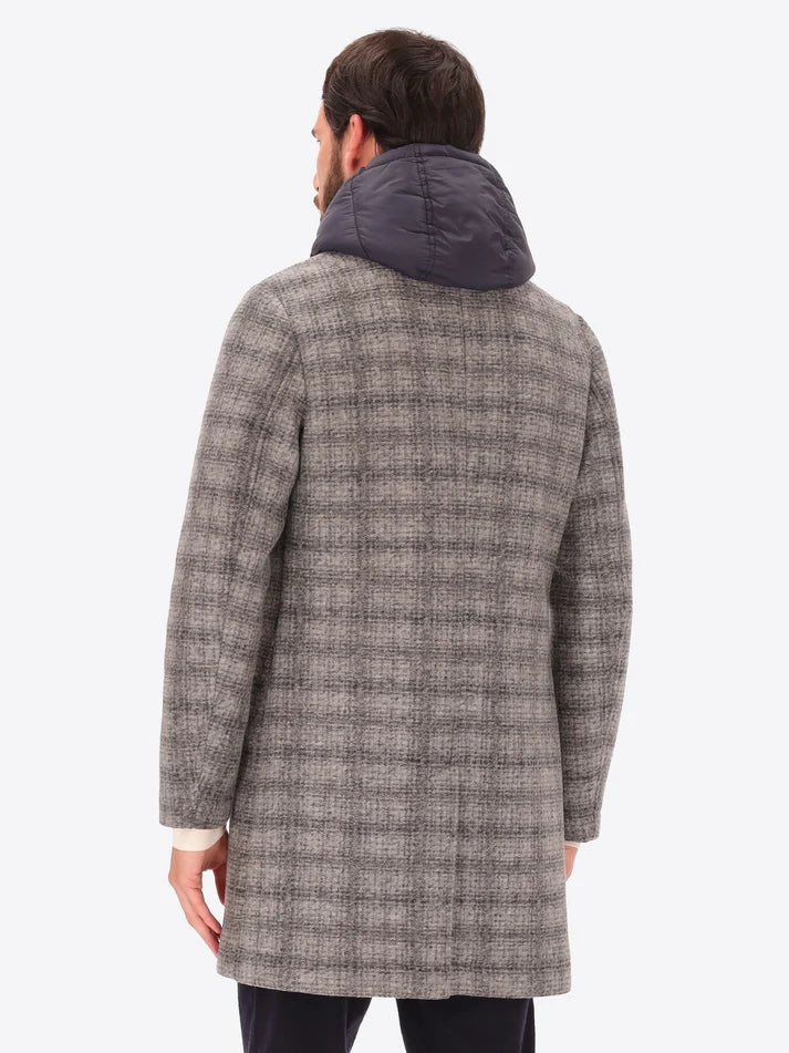 DISTRETTO 12 - BOILED WOOL COAT LEEDS WITH TARTAN PATTERN & DETACHABLE HOOD
