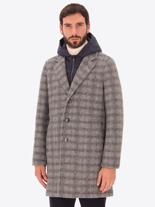 DISTRETTO 12 - BOILED WOOL COAT LEEDS WITH TARTAN PATTERN & DETACHABLE HOOD