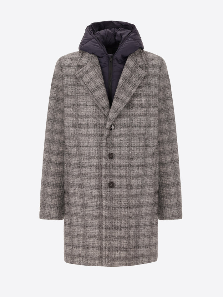 DISTRETTO 12 - BOILED WOOL COAT LEEDS WITH TARTAN PATTERN & DETACHABLE HOOD